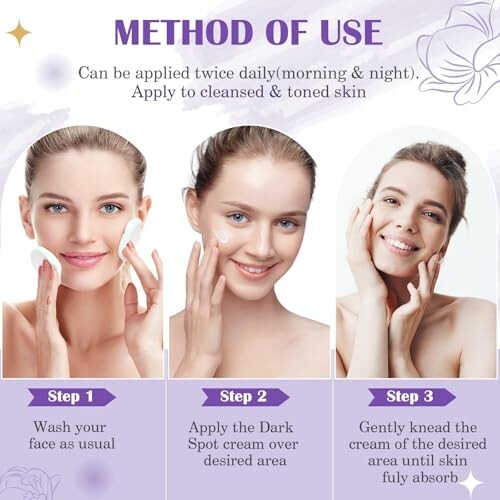 Three steps of skincare routine with women applying cream and washing face.