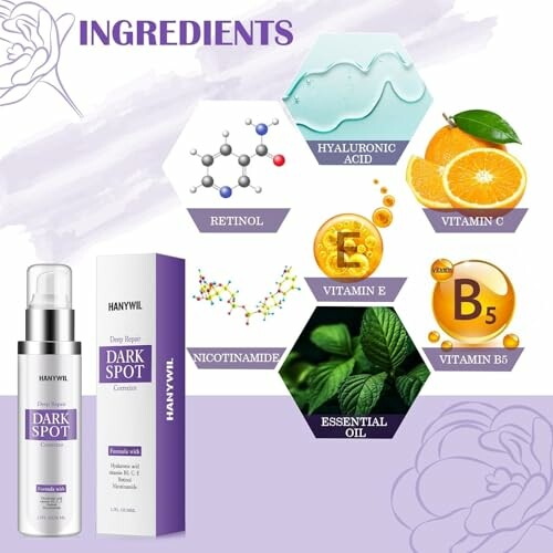 Skincare product with ingredients like retinol, hyaluronic acid, vitamins C, E, B5, niacinamide, and essential oil.