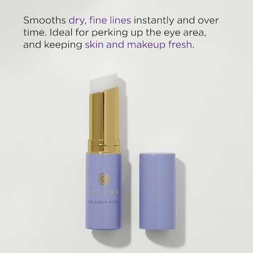 Skincare serum stick with cap, text about smoothing fine lines.