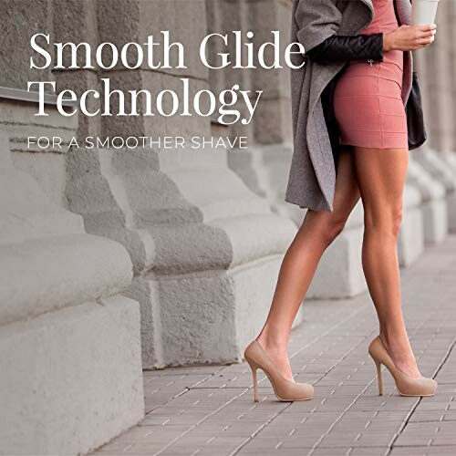 Woman in heels and dress with smooth legs, promoting shaving technology.