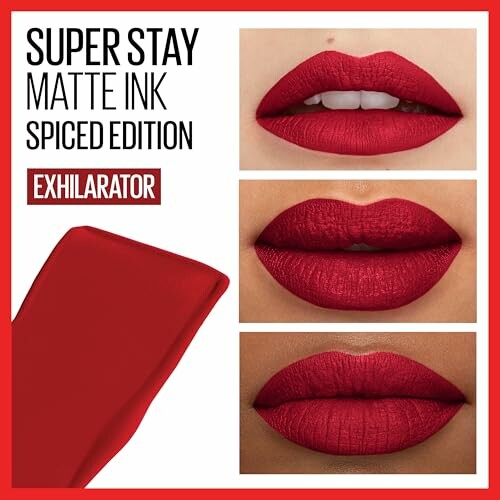 Super Stay Matte Ink lipstick in Spiced Edition Exhilarator with red lipstick swatches.