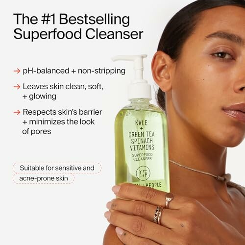 Woman holding superfood cleanser bottle with product benefits listed.