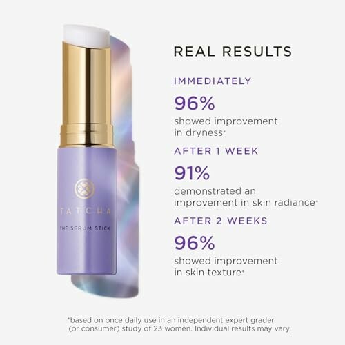 Tatcha Serum Stick with improvement statistics.