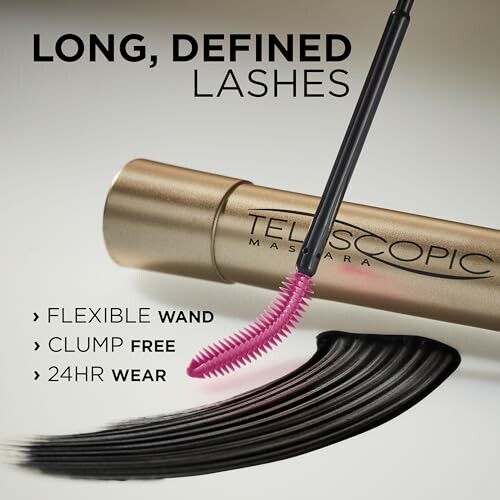 Telescopic mascara with flexible wand and long, defined lashes.