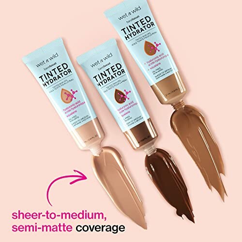 Three tubes of tinted hydrator with different shades on a pink background