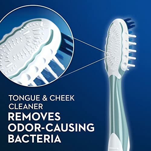 Toothbrush with tongue and cheek cleaner removes odor-causing bacteria.