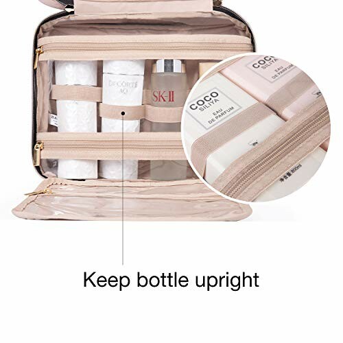 Travel cosmetic bag with bottles stored upright.