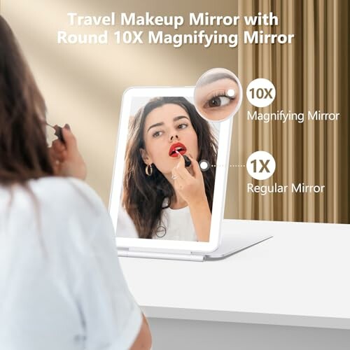 Woman using travel makeup mirror with 10X magnifying feature