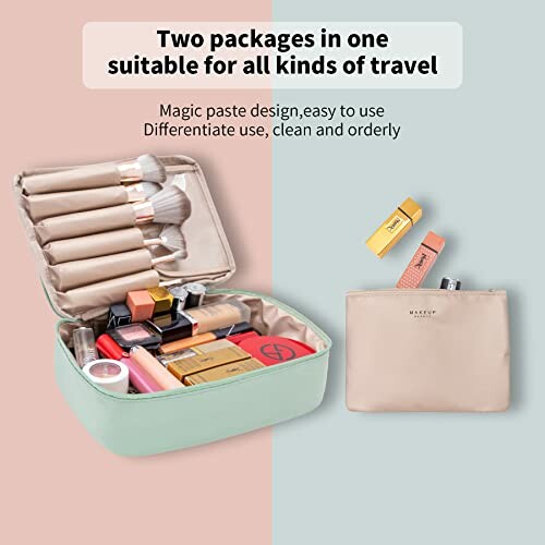 Two makeup bags for travel with cosmetics and brushes.