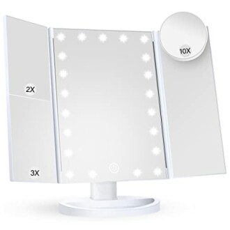 Tri-fold LED makeup mirror with magnification options