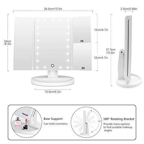 Trifold vanity mirror with LED lights and magnification features.