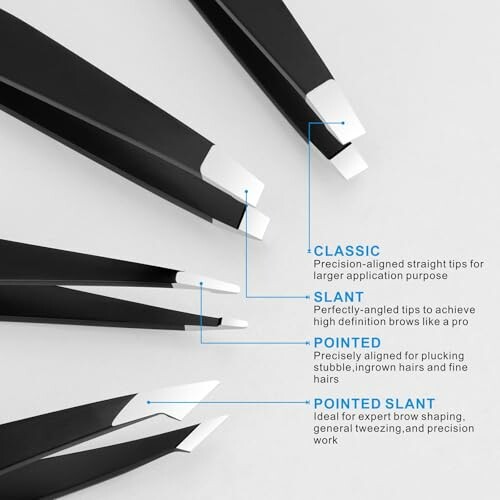 Different types of tweezers with labeled tips: classic, slant, pointed, pointed slant.