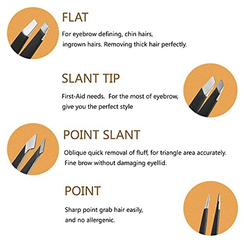 Different types of tweezers: flat, slant tip, point slant, point.