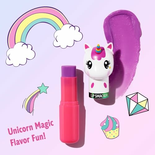 Unicorn-themed lip balm with colorful illustrations.