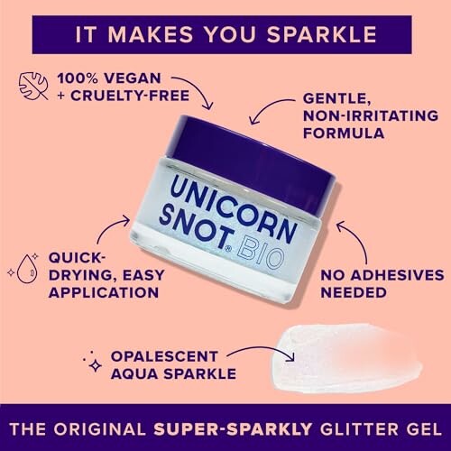 Unicorn Snot Bio glitter gel with features highlighted: vegan, cruelty-free, gentle, non-irritating, quick-drying, no adhesives, opalescent aqua sparkle.