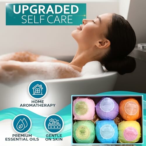 Woman relaxing in a bath with upgraded self-care bath bombs.