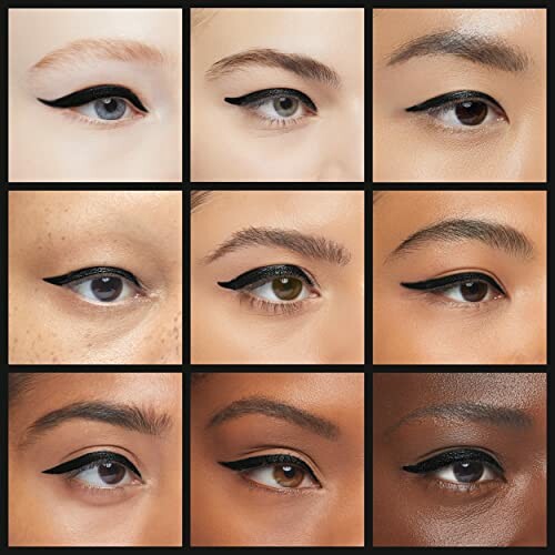 Grid of nine different eyeliner styles on diverse eye shapes and skin tones.