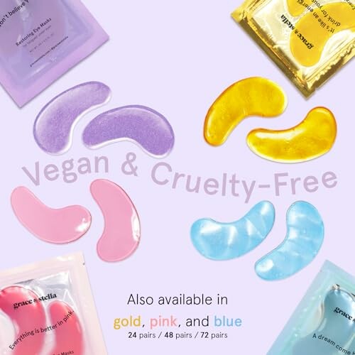 Vegan and cruelty-free eye patches in various colors.