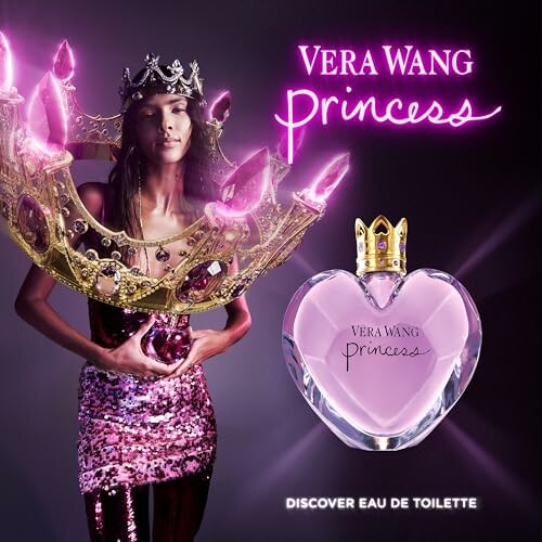 Vera Wang Princess perfume advertisement with a woman wearing a crown and holding a heart-shaped bottle.