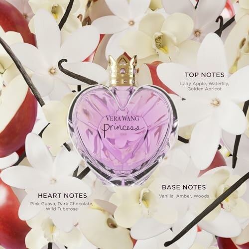 Vera Wang Princess perfume bottle with floral background and fragrance notes.