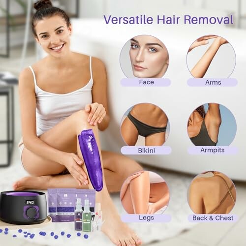 Woman using versatile hair removal kit with areas for use displayed.