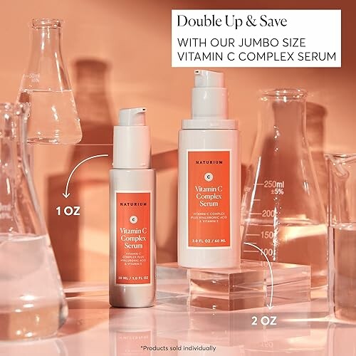 Vitamin C Complex Serum bottles with lab glassware.