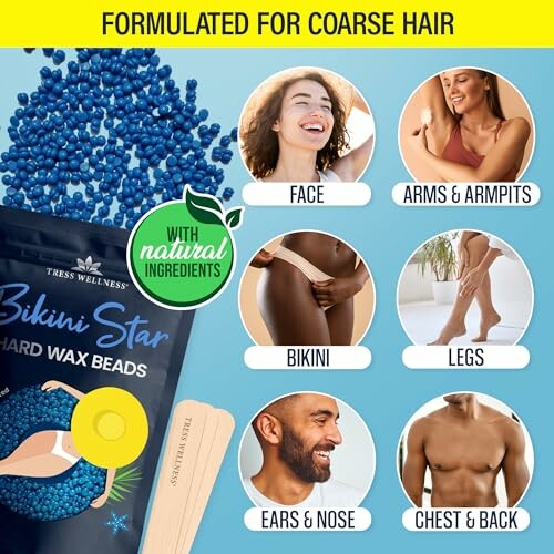 Hard wax beads for coarse hair with natural ingredients, showing use on face, arms, bikini, legs, ears, chest.