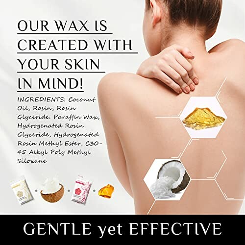 Woman with back showing, highlighting wax ingredients and benefits.