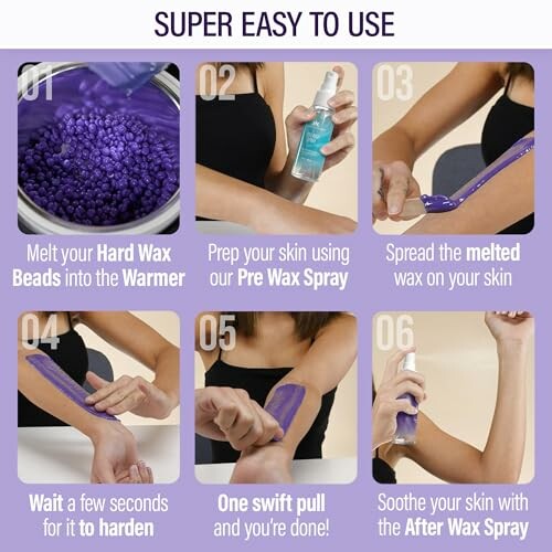 Step-by-step waxing guide with hard wax beads and sprays.