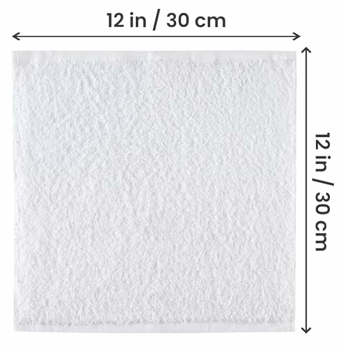 White towel measuring 12 inches by 12 inches