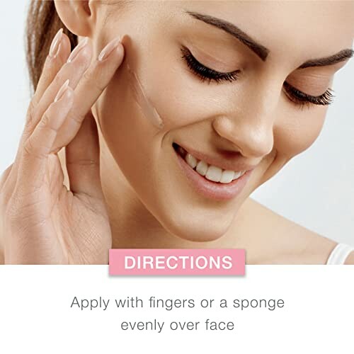 Woman applying face cream with directions text.