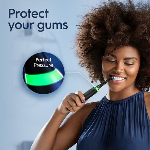 Woman brushing teeth with electric toothbrush, emphasizing gum protection.