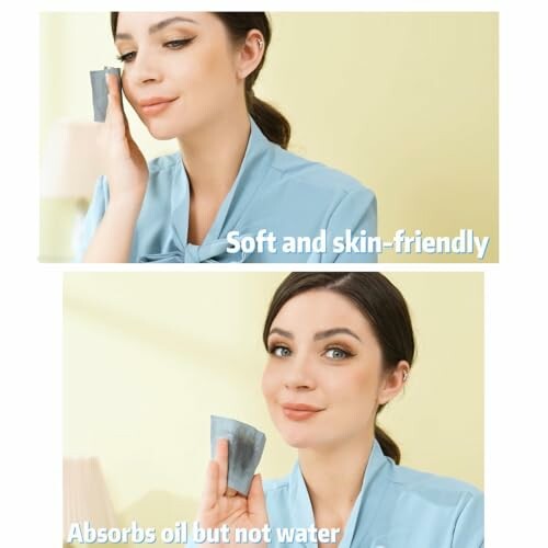 Woman using oil blotting paper on face.