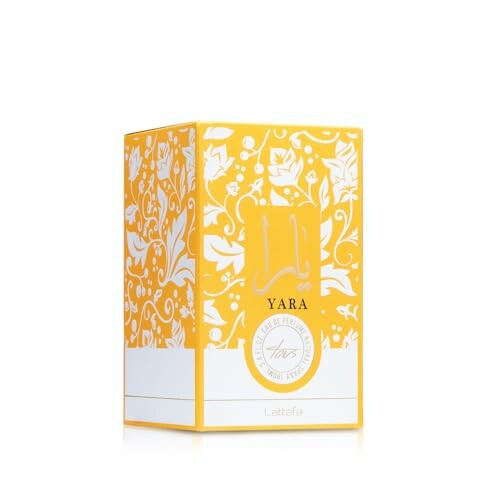 Yellow and white Yara perfume box with floral design